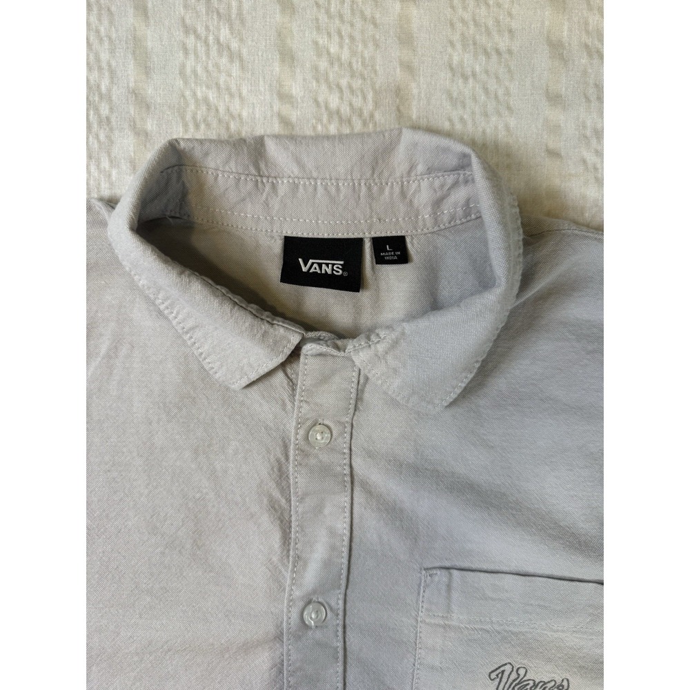Vans Skate Button Up Shirt Mens Large Gray Pocket Logo Short Sleeve